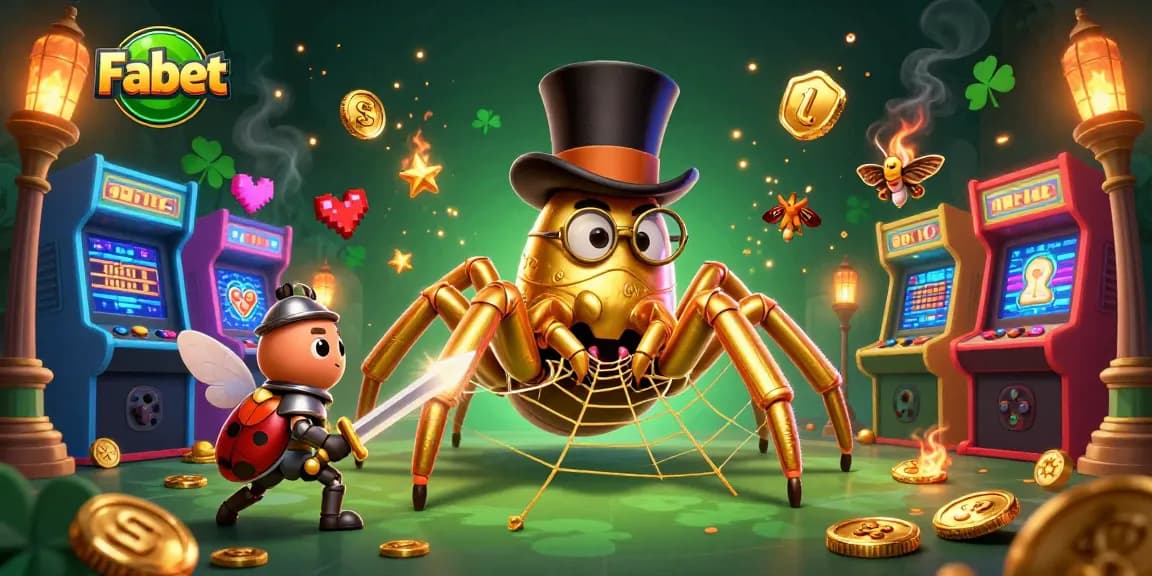 Experience Fabet's thrilling gaming with golden tarantula, beetle knight, and vibrant casino elements in this dynamic scene.
