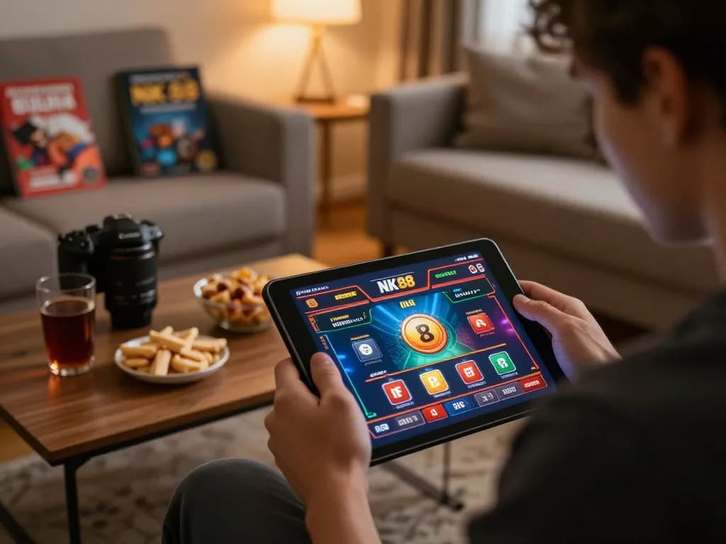 Engaging in NK 88 online gaming on a tablet in a cozy home setting.