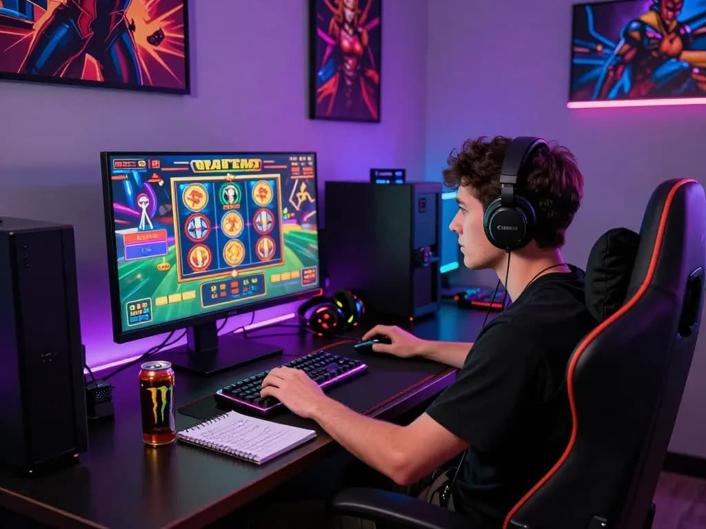 Engaged player enjoying AQ777 live casino experience in a vibrant gaming setup with colorful screens and gaming peripherals.