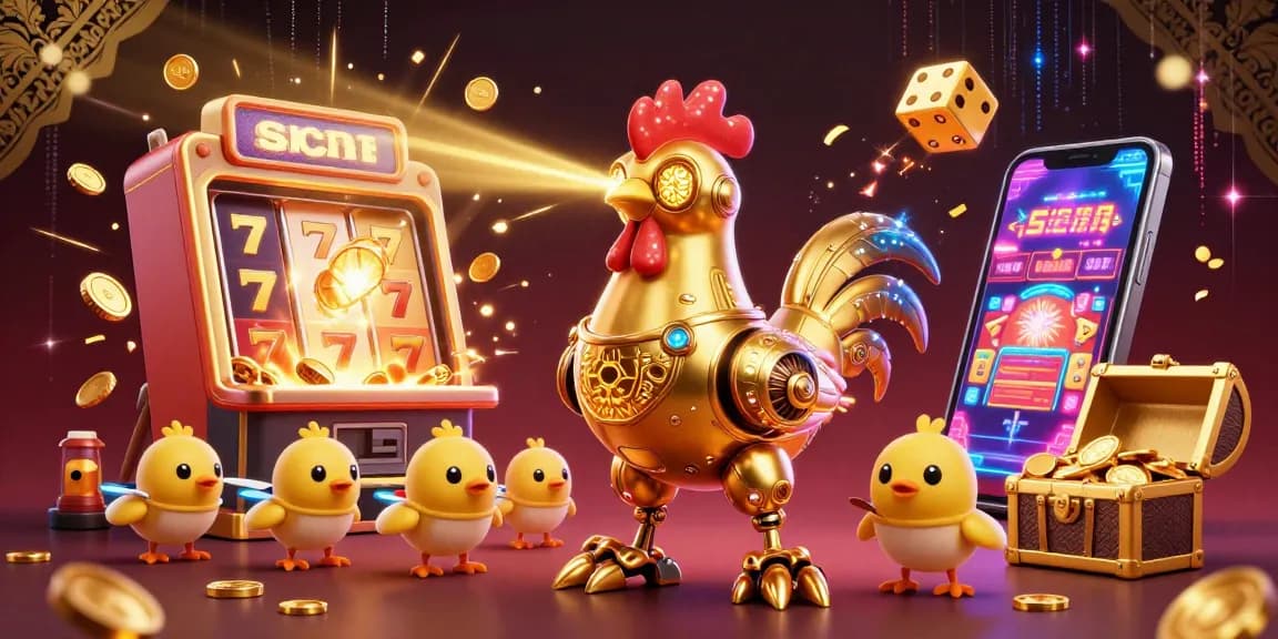 Engage in SC88's thrilling gameplay with a vibrant 3D casino scene featuring a golden rooster robot.