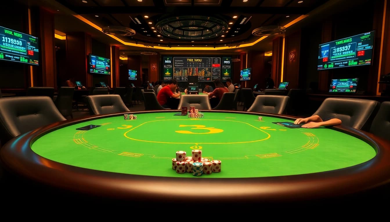 Excited players engaging in Tài Xỉu MD5 at a luxurious casino table featuring vibrant decorations.