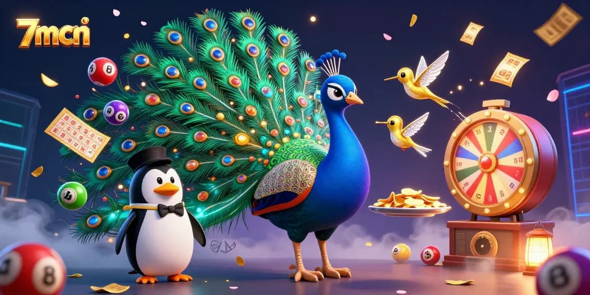 Engage with 7mcn's exciting lottery scene, featuring vibrant balls and golden tickets amidst dynamic action.