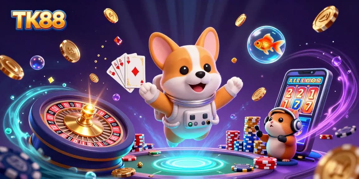Bet on the excitement of TK88 in a space station casino with floating corgi and poker elements.