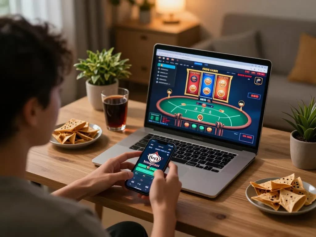 Enjoying king33 mobile gaming experience with friends and snacks in a cozy home setup.