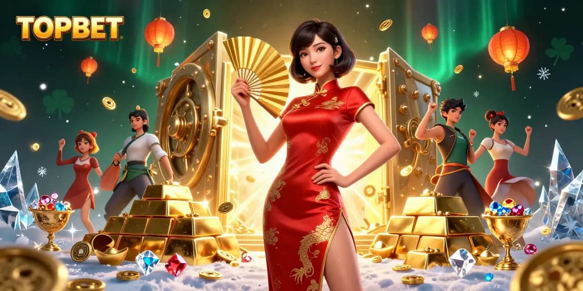Engage with TOPBET's vibrant casino experience, featuring a beautiful woman amidst cascading gold coins and treasures.