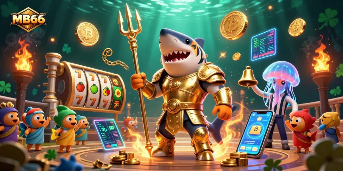 Experience exciting gaming action at MB66 with a vibrant underwater casino scene featuring a tiger shark in gladiator armor.