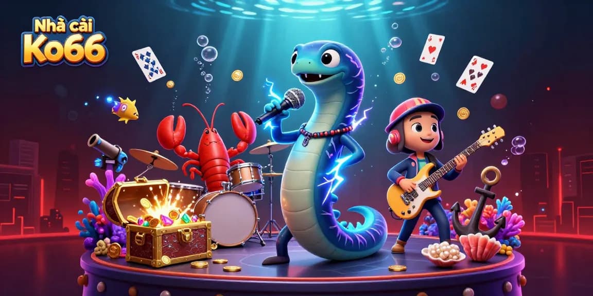 Engage in thrilling gameplay at Nhà cái Ko66 with vibrant underwater casino elements, including treasure chests and electric eel characters.