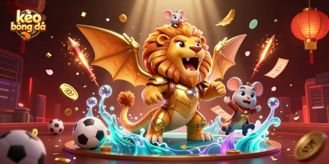 Experience strategic kèo bóng đá thrills with a golden chimera, betting elements, and festive details.