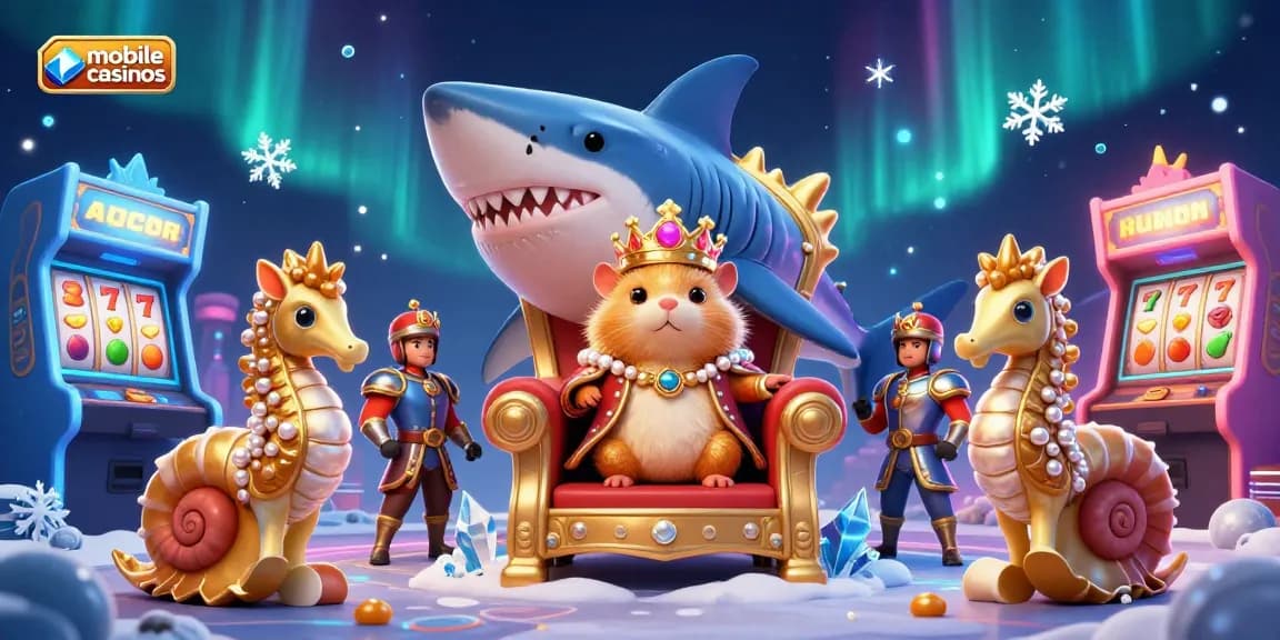 Engage with mobile casinos featuring a golden hamster king, slot reels, and animated arcade machines.