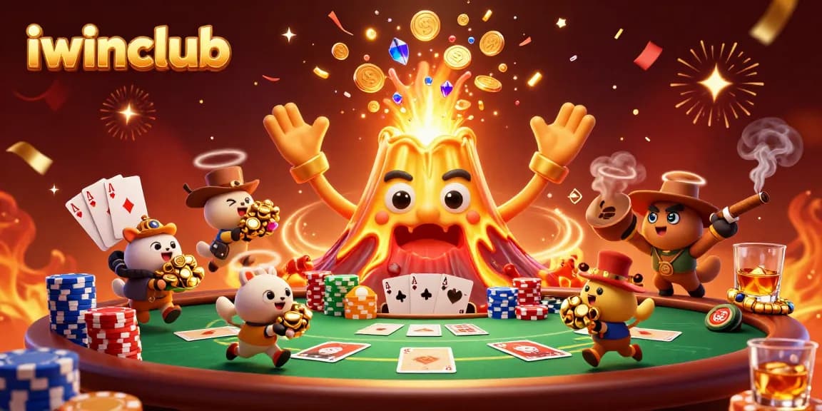 iwinclub showcases triumphant golden volcano showering treasures, engaging in thrilling poker excitement.
