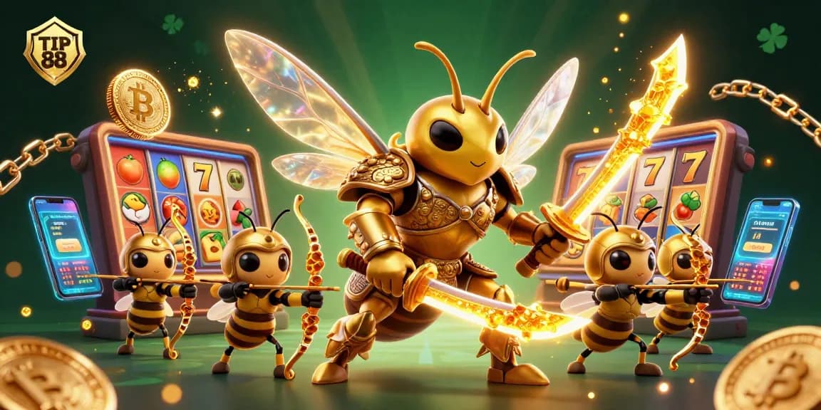 Engage with TIP 88 in this vibrant casino scene featuring a dynamic golden hornet samurai, slot reels, and crypto elements.