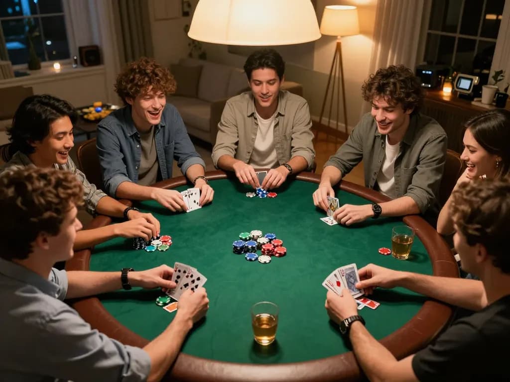 Engage in đá gà thomo action as friends passionately participate in a home poker night.