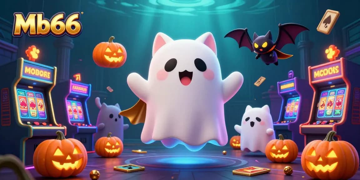 Experience Mb66 in this vibrant casino scene with a ghost cat and lively gaming elements.