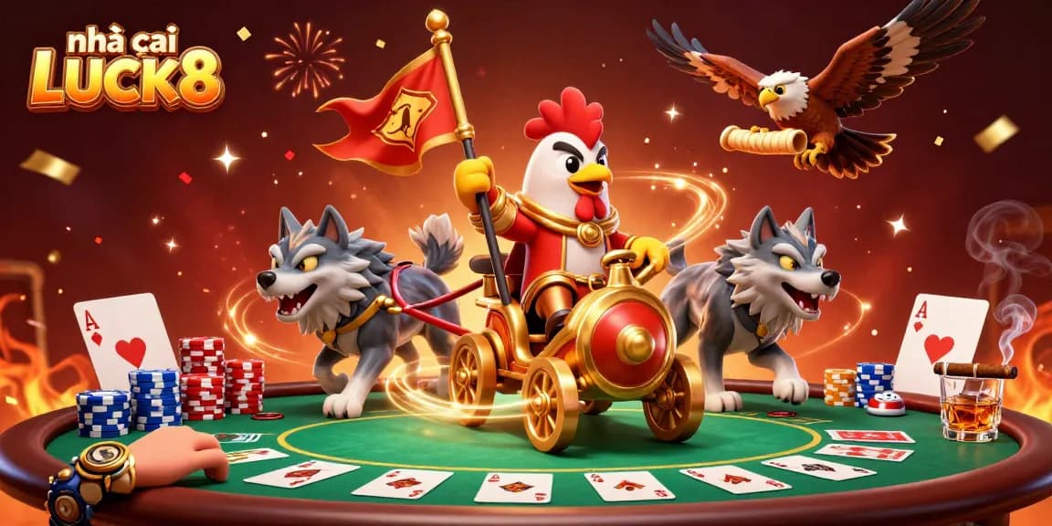 Engage with nhà cái LUCK8 in this vibrant 3D casino scene, showcasing thrilling poker action and excitement.