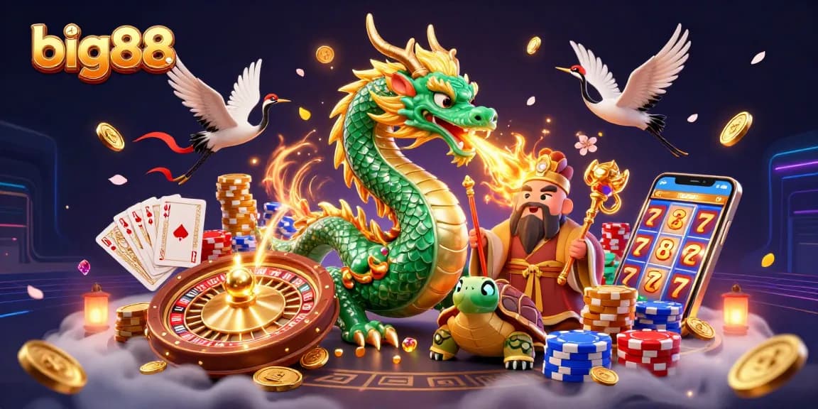 big88 showcases a vibrant casino scene with a jade dragon, lucky cranes, and spinning roulette.