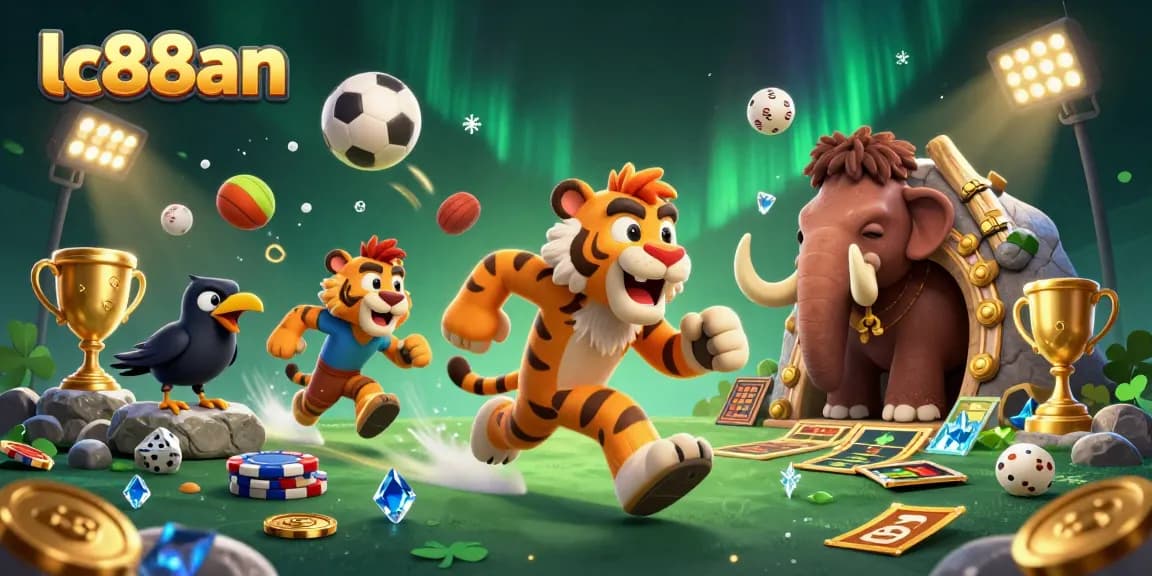 Experience thrilling gaming at lc88an with a dynamic prehistoric casino action scene featuring caveman characters.