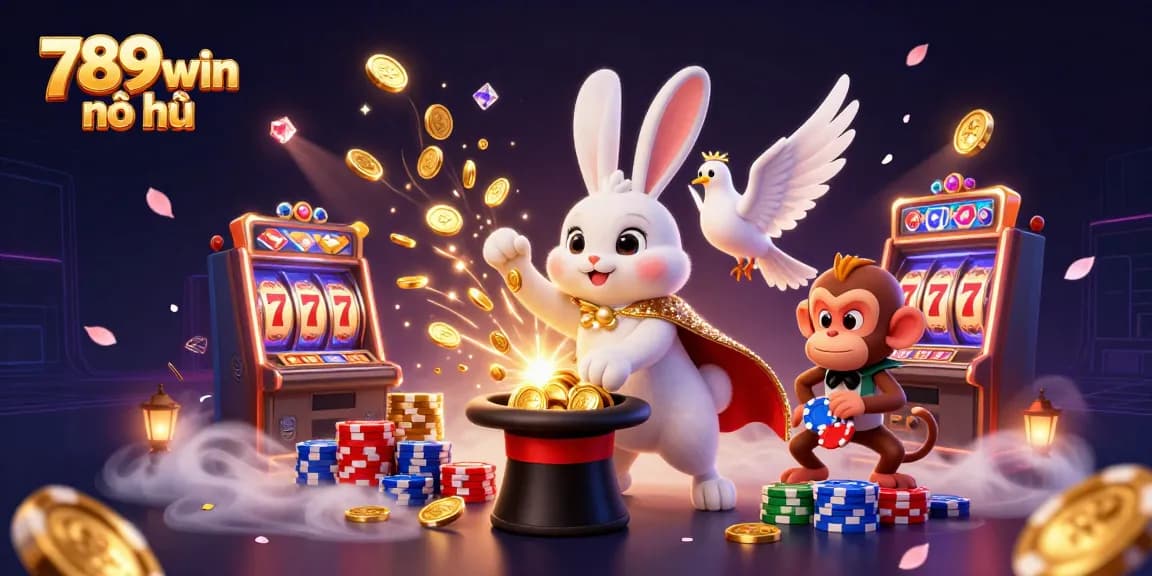 Spin and win with 789win nổ hũ, featuring a magician rabbit, poker chips, and slot machine excitement!