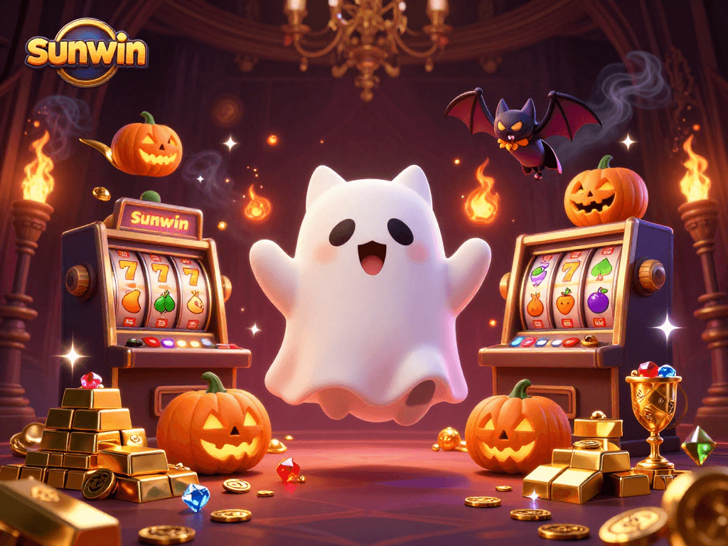 Win big with sunwin in a vibrant casino scene featuring a ghost cat and treasures.