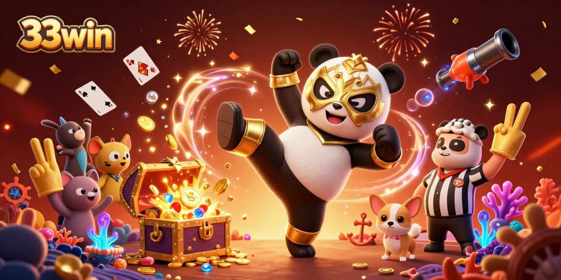 Experience excitement at 33win with a lively 3D panda wrestling scene filled with playful elements.