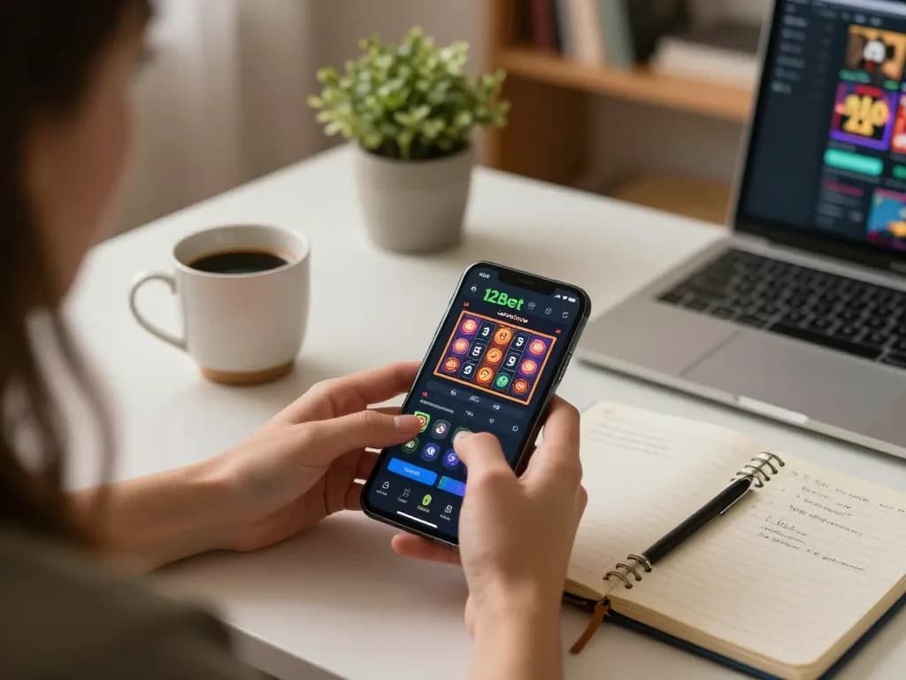 Interagindo com o aplicativo de cassino 12bet em um smartphone em um escritório em casa aconchegante.