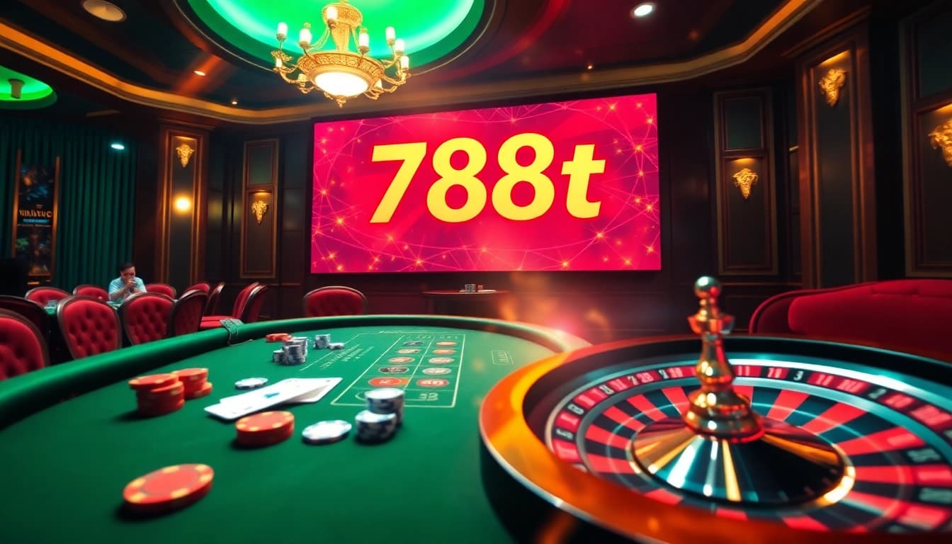 Players enjoying thrilling casino games at 788t, featuring colorful chips and an elegant roulette wheel.