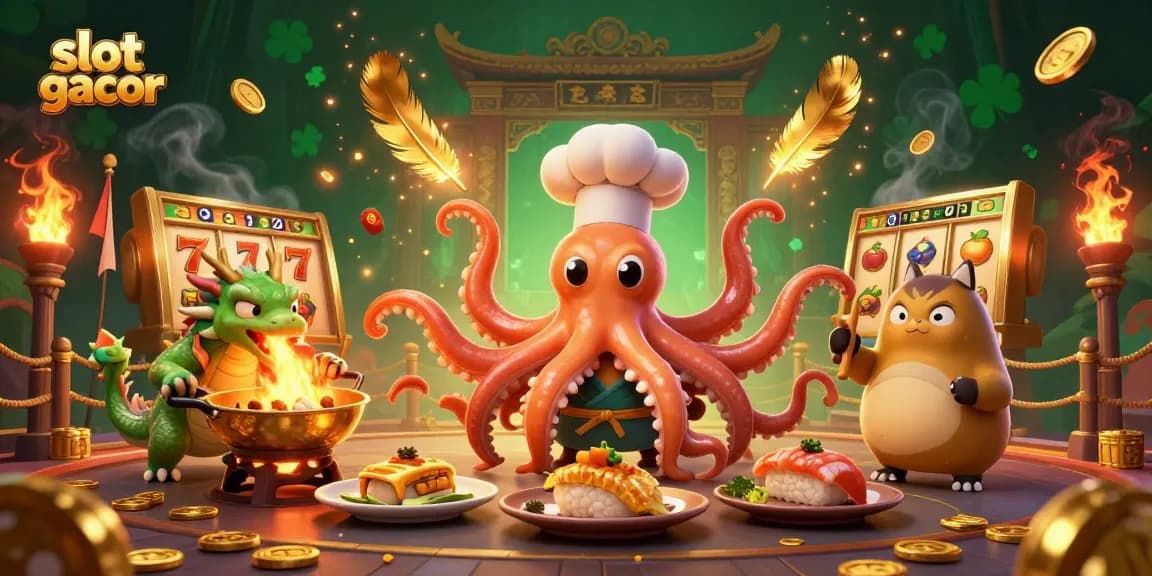 Celebrate with slot gacor as a sushi chef octopus and friends engage in a thrilling casino atmosphere.