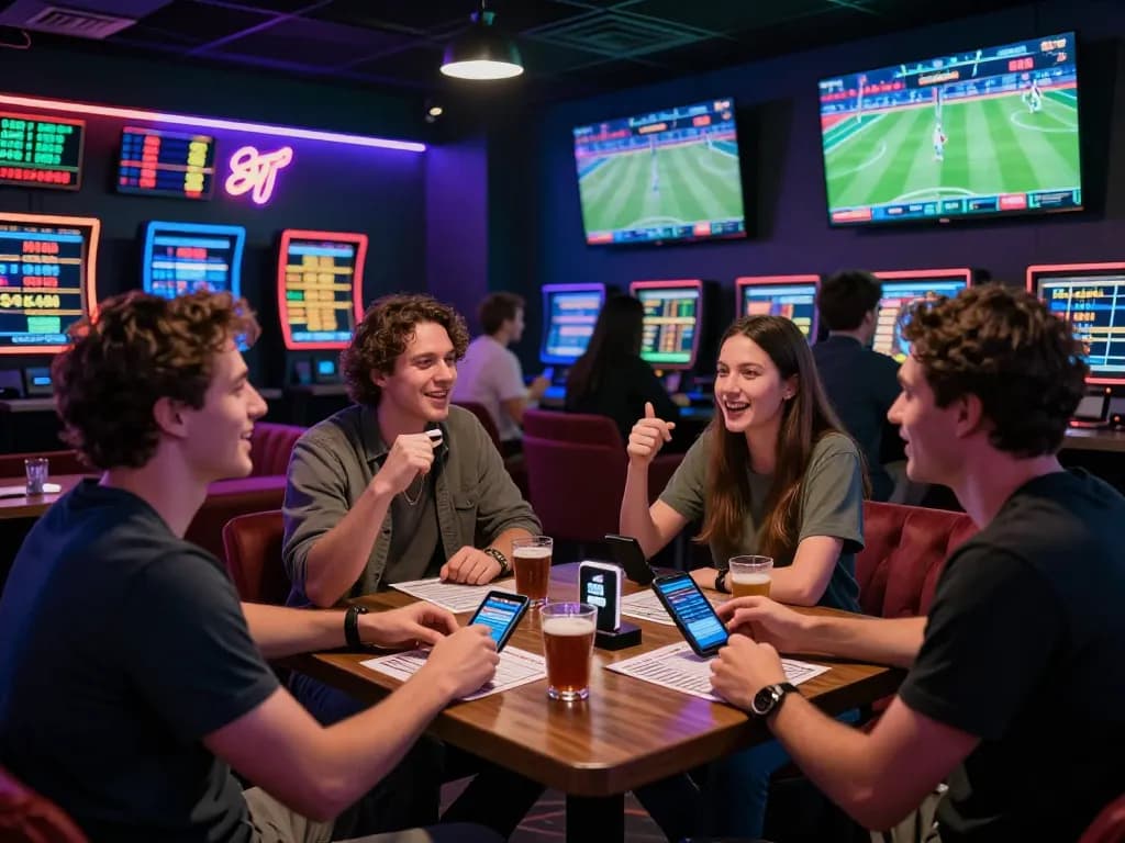 Exciting gambling scene with kèo nhà cái betting slips and friends watching sports.
