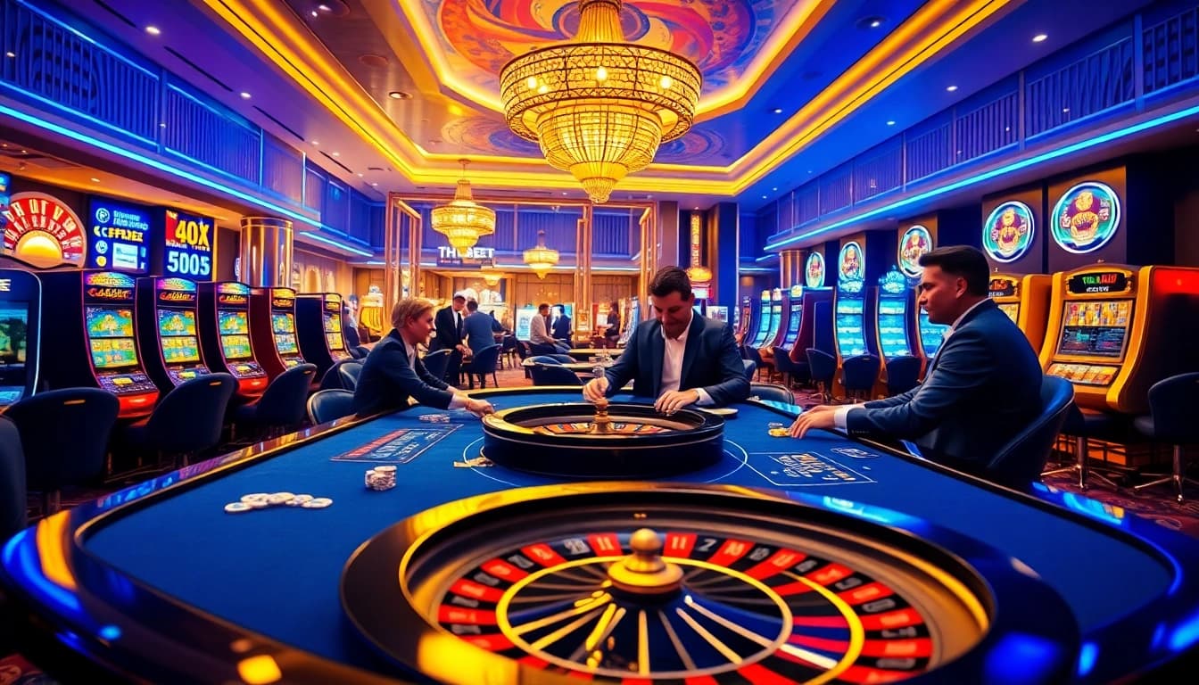 THABET gamblers strategizing bets at a luxurious casino table filled with chips and cards.