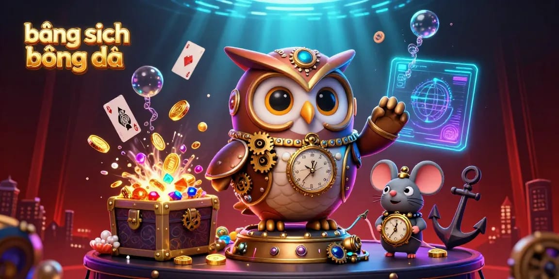 Engaging 3D scene with a cartoon owl and mouse representing bảng xếp hạng bóng đá amidst vibrant casino elements.