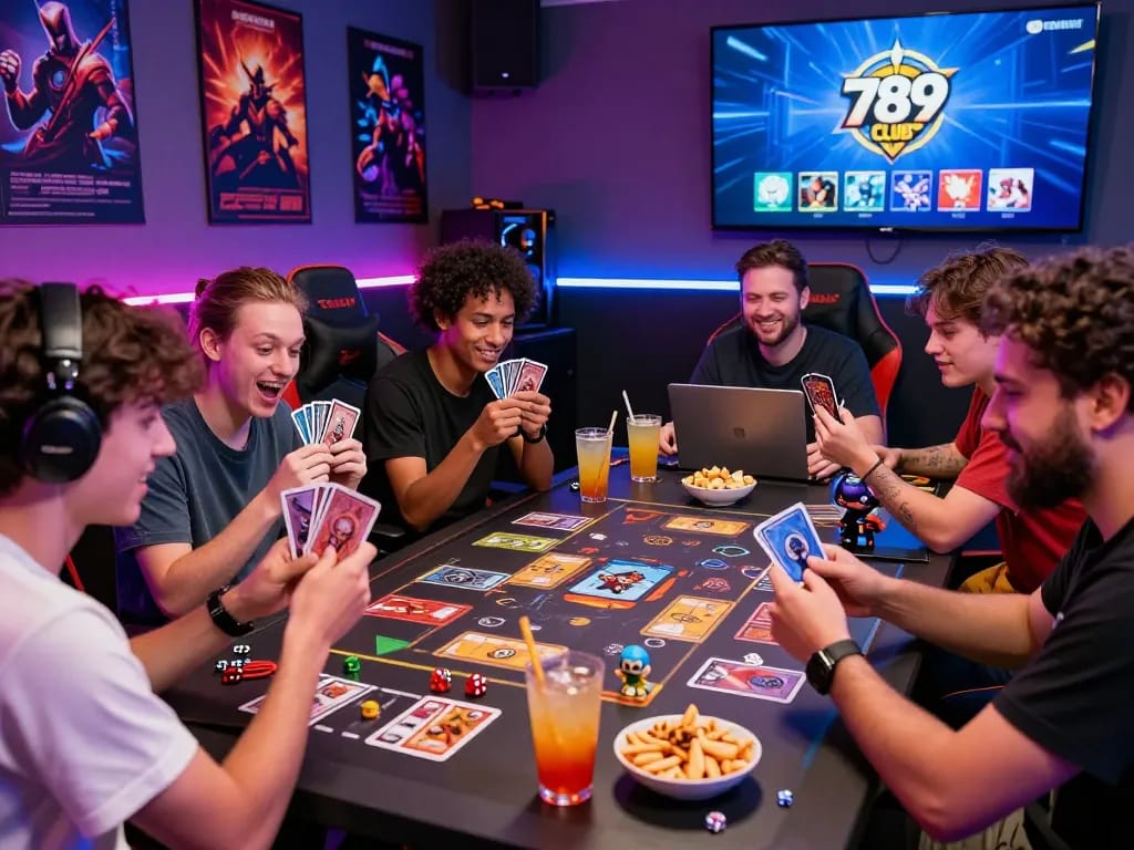 Friends enjoying a multiplayer card game at the 789 club, colorful drinks and snacks creating an exciting atmosphere.