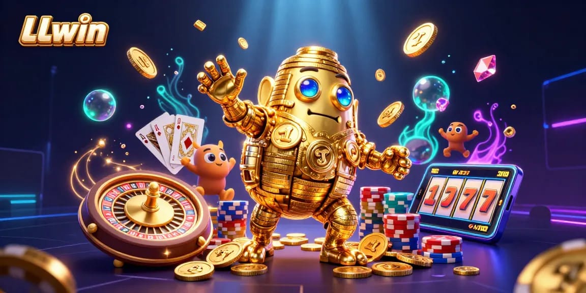 Spin to win with LLwin's spectacular 3D casino scene, showcasing vibrant games and golden treasures.