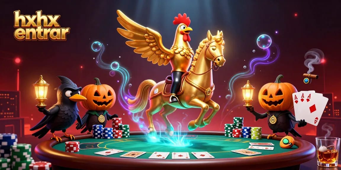 Jogando no Hxhx entrar, uma ilustração apresentando um cassino animado com peças de poker e um galo dourado.