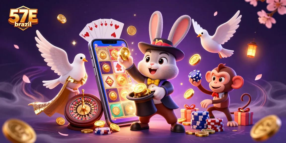 Experience thrilling gaming with 57E brazil as a cartoon magician pulls golden coins and poker chips.