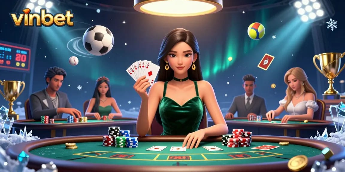 Engage with vinbet's thrilling poker experience featuring an elegant dealer at a luxury gaming table.