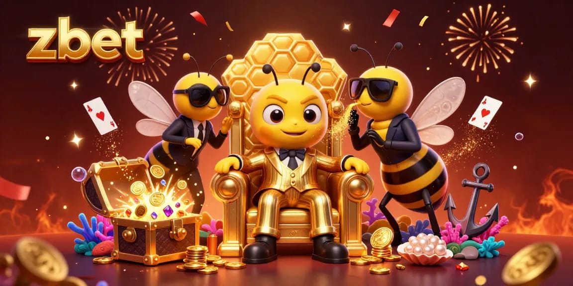 Zbet showcases a vibrant casino scene with a bumblebee mob boss and wasp bodyguards amid colorful gambling elements.