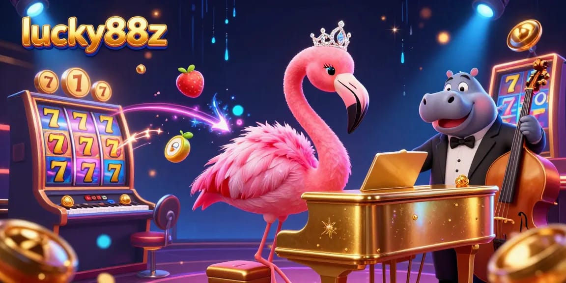 Engage with lucky88z's vibrant 3D casino scene showcasing lively characters and exciting slot action.