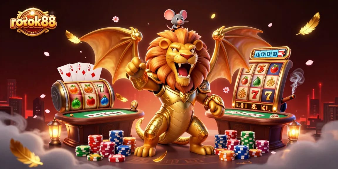 rokok88 showcases a roaring chimera adorned in golden armor atop a poker table, embodying rich slot gaming excitement.