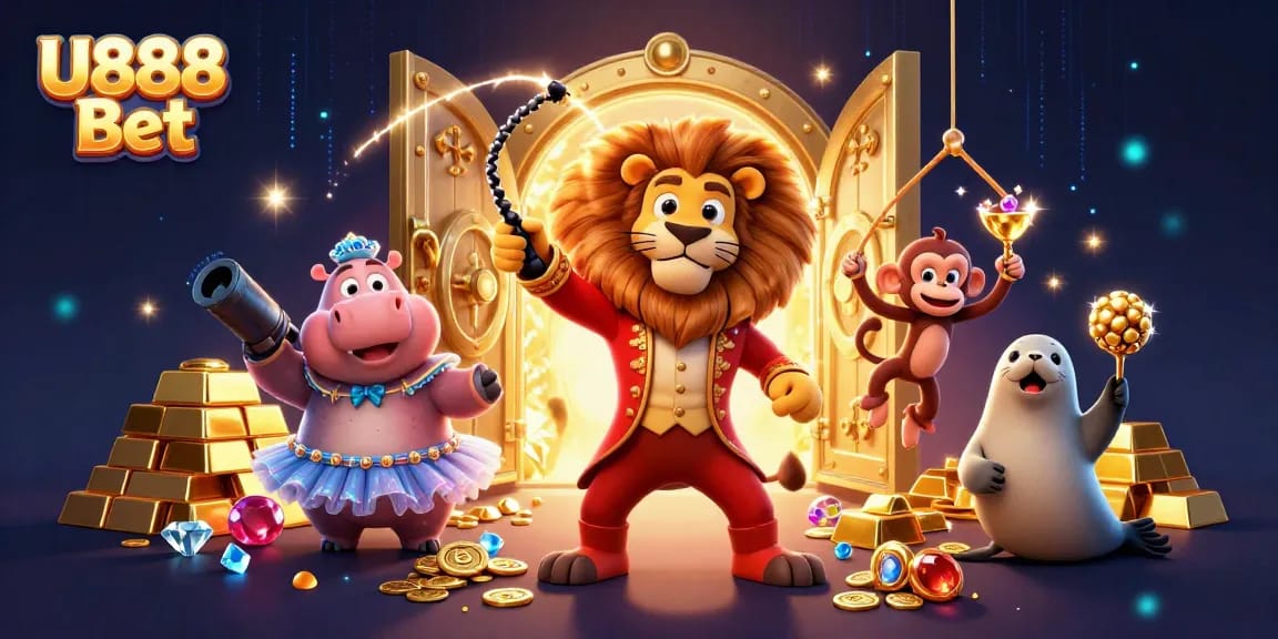 Engage in thrilling gaming at U888 Bet with vibrant characters and dynamic casino elements.