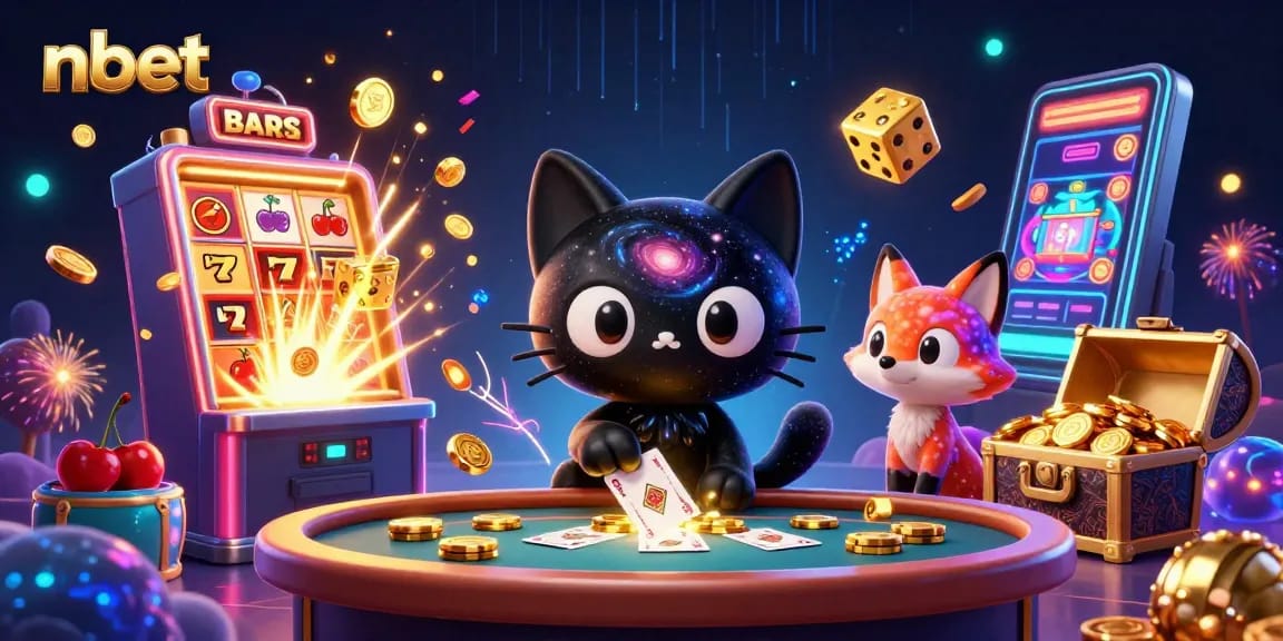 Engage with nbet's cosmic casino featuring a black hole cat and colorful gas fox.