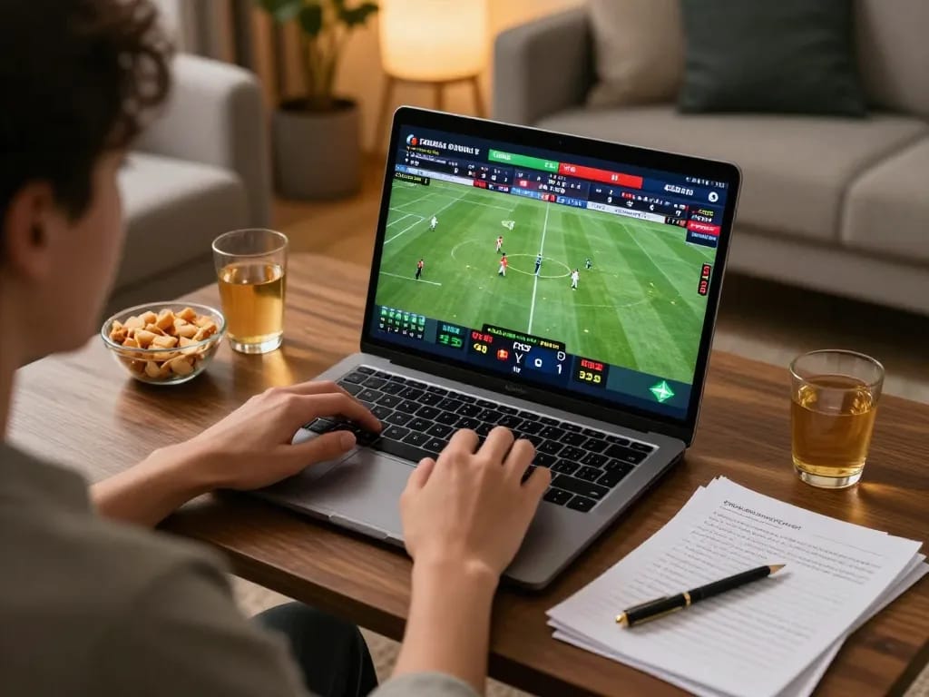 Socolive user actively engaging in online sports betting, analyzing odds with a laptop in a cozy home setting.