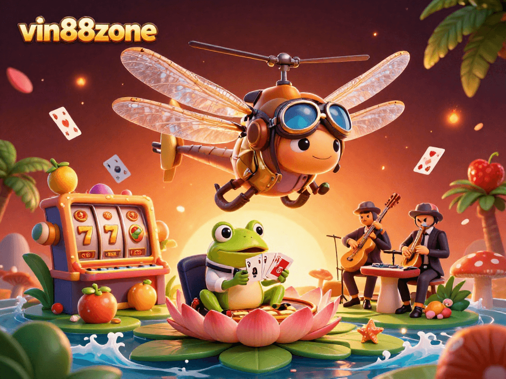 Experience thrilling games at vin88zone with an exciting casino scene filled with vibrant slot reels and characters.