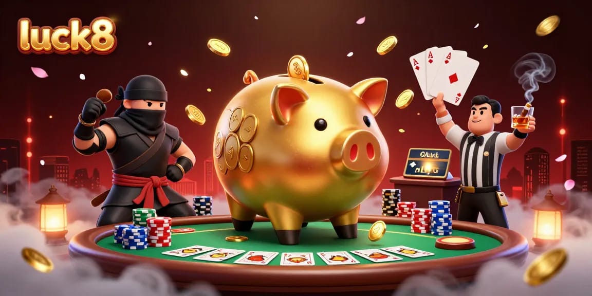 Engage with luck8's vibrant casino scene featuring dynamic characters, golden coins, and exciting poker elements.