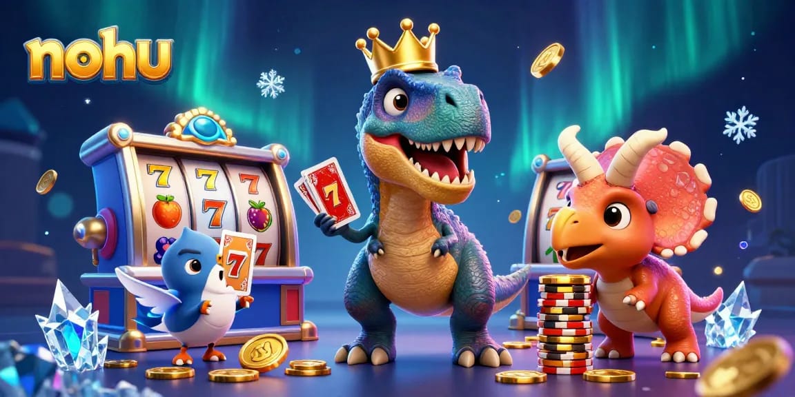 Engage at nohu casino with a fun T-Rex, pterodactyl, and triceratops in a vibrant gaming atmosphere.