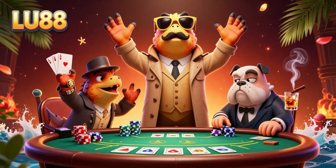 LU88 raptors enter VIP casino lounge amidst poker chips, cards, and vibrant atmosphere.