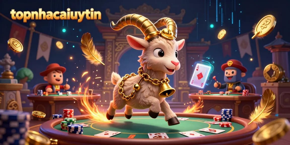 topnhacaiuytin showcases a vibrant casino scene with playful characters engaged in lively card games.