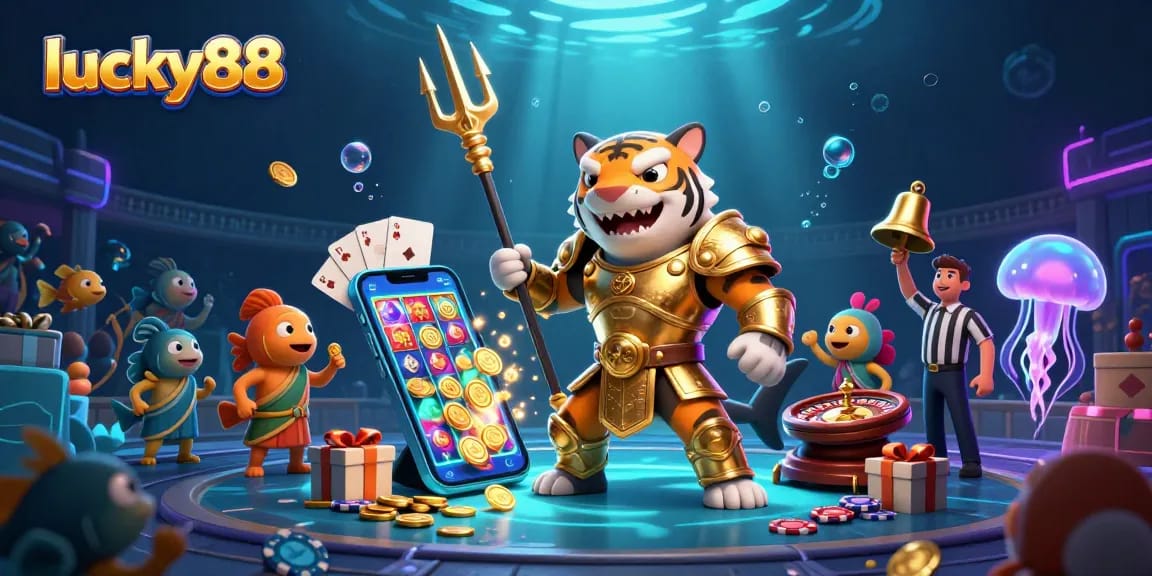 Immerse in the lively underwater colosseum of lucky88, where a fierce tiger shark leads the gambling action.