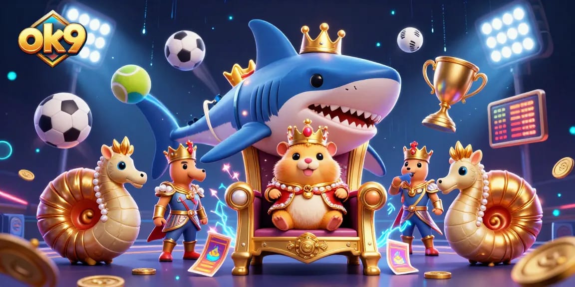 Experience the thrill of betting with ok9's dynamic casino scene showcasing fierce characters and engaging elements.