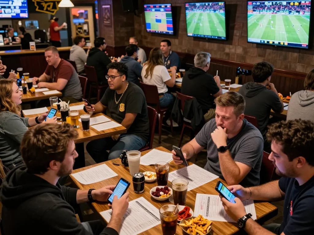 Soi kèo action shows sports fans intensely engaged in betting at a lively sports bar