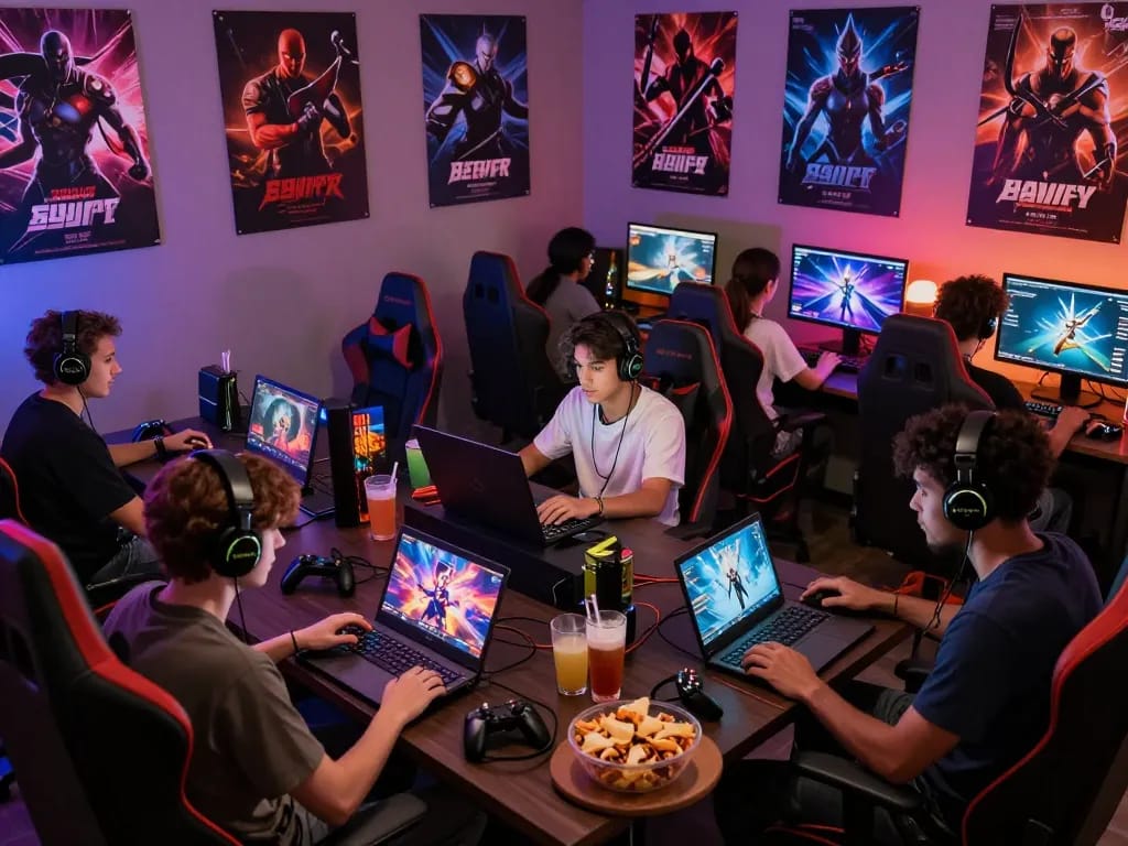 Exciting gaming scene with players enjoying adult games on various devices in a vibrant lounge.
