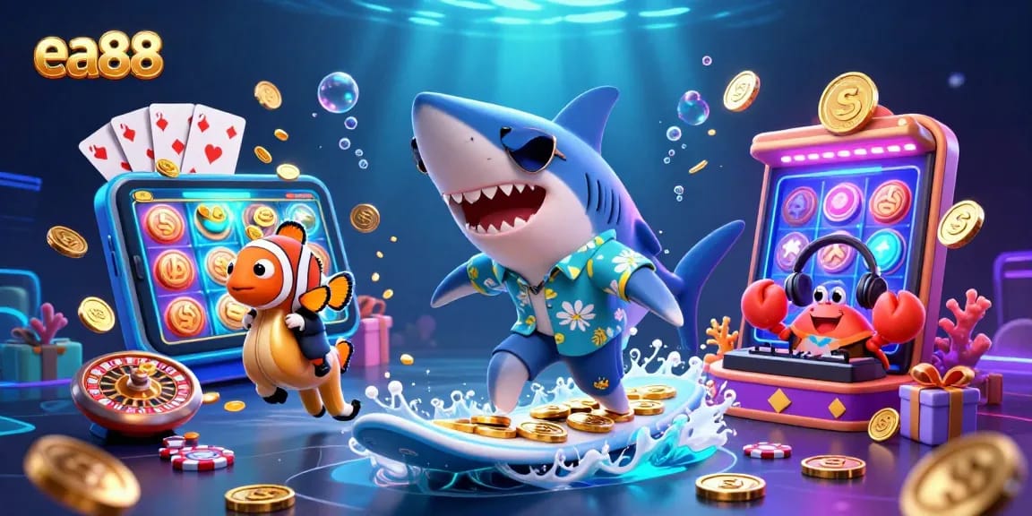 Experience thrilling slots with ea88 as a vibrant shark surfs gold coins, enhanced by rich casino imagery.